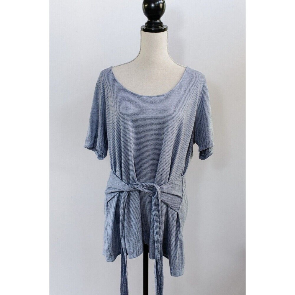 Pure Jill Tunic Top XL blue striped tie waist linen blend Spring